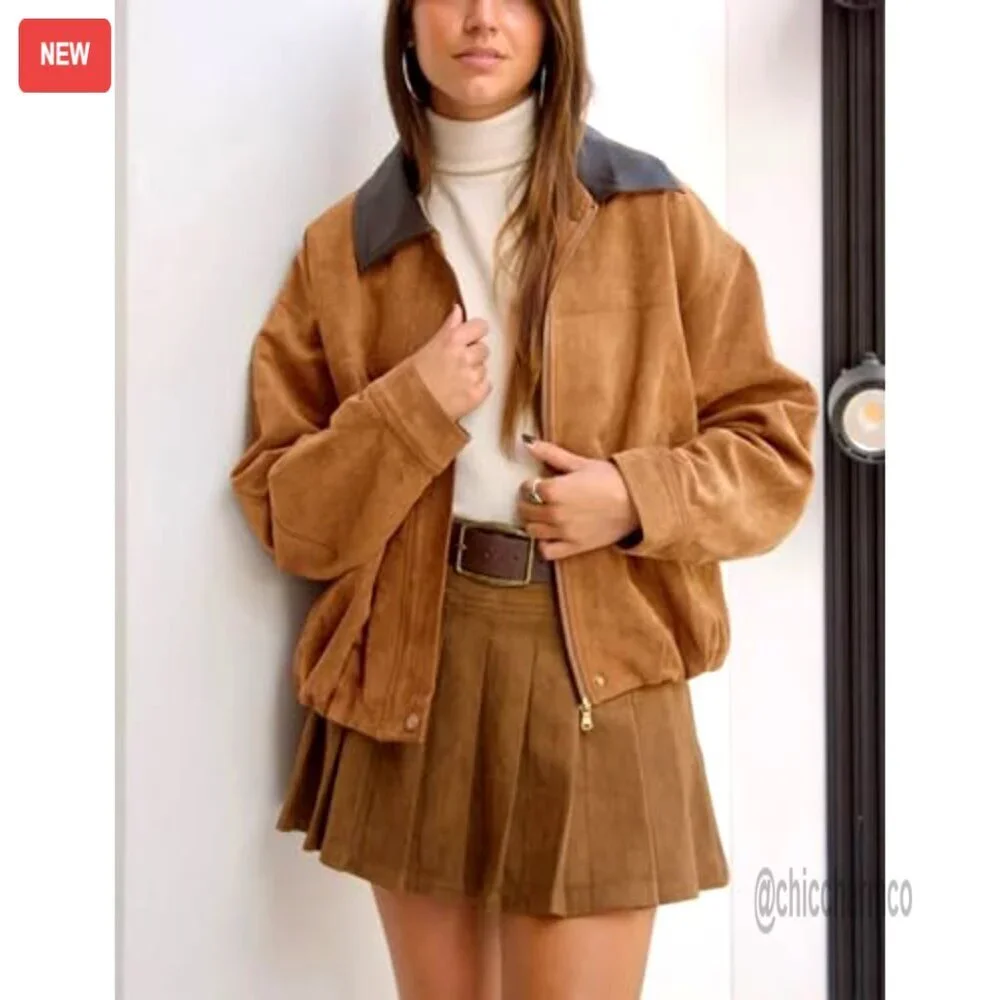 Oversized Faux Suede Bomber Jacket Cropped Lapel Motorcycle Zip Up - Picture 2 of 7
